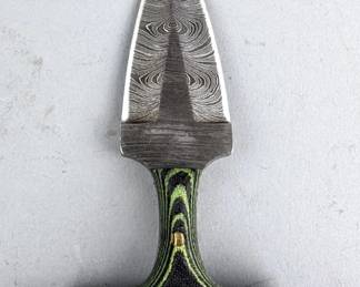 Damascus Steel Push Dagger With Green Micarta Handle, Includes Leather Sheath, 4.5"