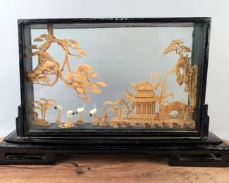 Chinese Fuzhou Style Carved Cork Art Sculpture In Glass Display Box, Featuring Trees, Cranes, Chinese Pavilion, And More