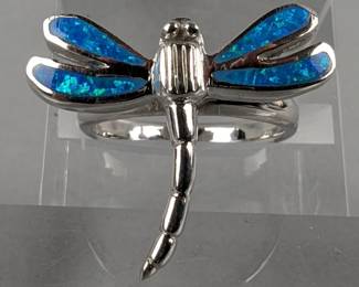 Sterling Silver And Polished Blue Opal Ring With Dragonfly Design, 925 Silver, Size 7