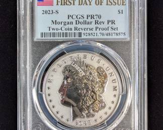 PCGS PR70 Graded 2023-S Morgan Silver Dollar Reverse Proof Coin, .999 Fine Silver, First Day Of Issue