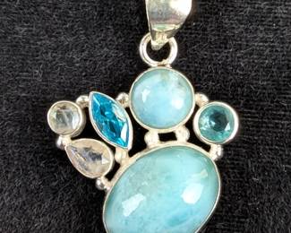 Sterling Silver, Larimar Cabochon, And Moonstone And Light Blue Topaz Gemstone Pendant In Floating Display Case, 925 Silver