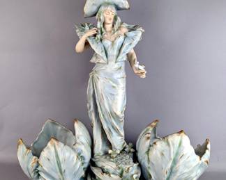 urn-Teplitz Bohemian RStK Porcelain Statue Of Lady In Standing Flowers, Made In Austria, 21.25" Tall
