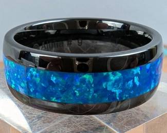 Blue Opal Inlay Ceramic Ring, Marked "Aloha", Size 9