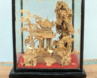 Chinese Fuzhou Style Carved Cork Art Sculpture In Glass Display Box, Featuring Trees, Cranes, Chinese Pavilion, And More