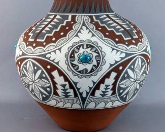 Native American Indian Jemez Pueblo Pottery Vase With Turquoise Stones, Artist Marked "Mary Small", 11" Tall x 11" Wide