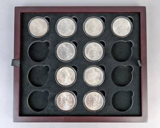 Morgan Silver Dollars, Qty. 10, In Display Tray, Years Include 1878 S, 1881 S, 1883, 1885, 1887, 1889, 1890, 1896, 1902 O, And 1921