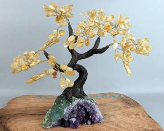 Polished Citrine Gemstone Tree On Amethyst Geode Base, 179 Stones, 13" Tall