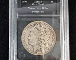 1891 Morgan Silver Dollar Coin, Very Good, Certified