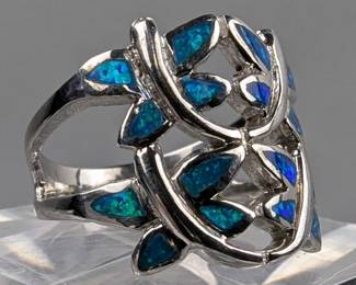 Sterling Silver And Polished Blue Opal Ring, 925 Silver, Size 7