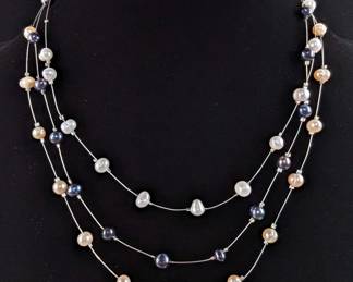 White, Black, And Peach Pearl Overlapping Wire Necklace, 18"