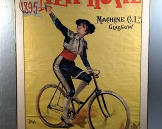 Original 1895 New-Howe Machine Co. Bicycle Art Advertising Poster, Artist Signed "PAL", Framed And Matted Under Glass, 60" x 44.5"