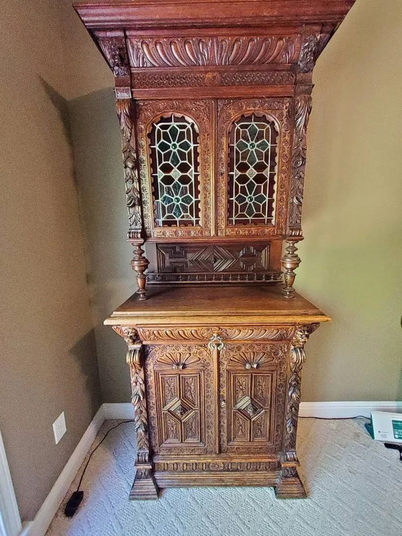 001 Antique French Buffet a Deux Corps HandCarved Oak Hunt Cabinet with Leaded Glass