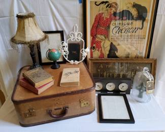 Vintage Books, Fleur De Lis Accents, Lamp, Antique Suitcase  Globe