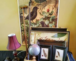 Antique Suitcase, Globe, Walking Sticks  Eclectic Wall Art