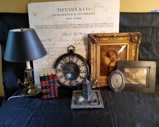 Tiffany  Co. Sign, Dutch Silver Teapot,  Additional Antique Decor, Lamp, Clock, Books
