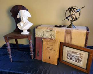 Vintage Atlas Book Collection, Antique Chair, Travel Joy Steamer Trunk, Napoleon Bust Home Decor lot