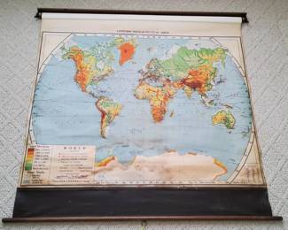 Vintage A.J. Nystrom  Co. Landform PhysicalPolitical PullDown World Map