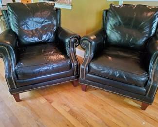 Pair of Oversized Black Leather Club Chairs with Brass Nailhead Trim