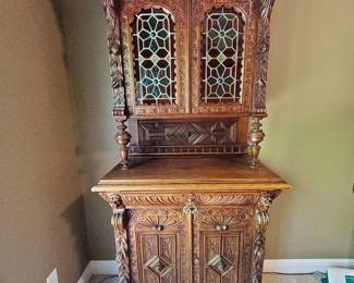 001 Antique French Buffet a Deux Corps  HandCarved Oak Hunt Cabinet with Leaded Glass