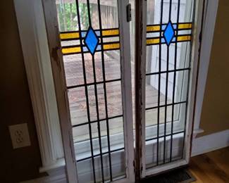 004 2 Antique Geometric Stained Glass Window Panels