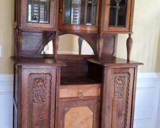 002 Antique Carved Oak Sideboard Hutch with Glass  Mirror