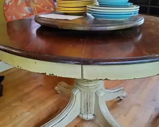 Round Pedestal Dining Table With Lazy Susan  Colorful Stoneware Lot