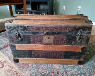 Antique AlligatorPatterned Steamer Trunk with Wood Slat Detailing