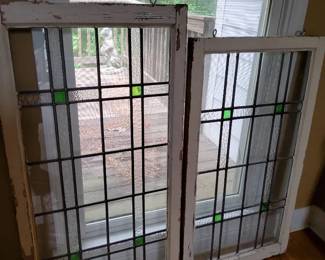 Two Vintage Leaded Stained Glass Window Panels  Architectural Salvage Art