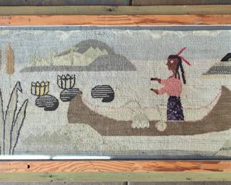 18" x 32" 19th century American hooked rug. Ojibway Indians harvesting wild rice.