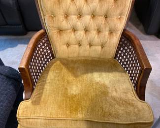 Mid century modern gold velvet cane backed arm chair. Excellent condition. Matching rust chair as well
