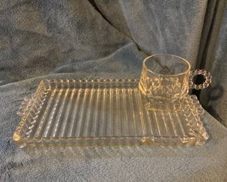 Vintage clear glass “snack, sip and smoke” set. We have 20 sets. Perfect for your next social function.