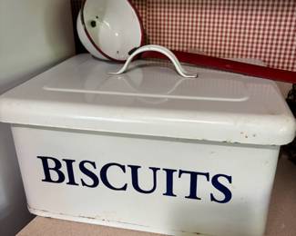 White Enamelware Biscuit Box, Red & White Enamelware Ladle