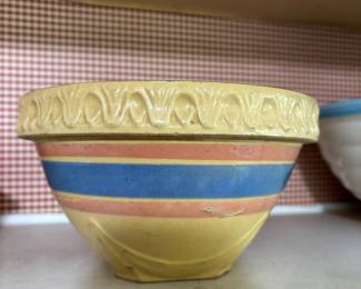 Yelloware Blue & Orange Striped Pottery Bowl - Likely McCoy