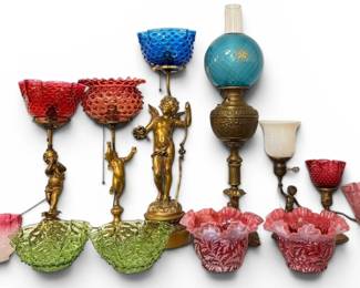 Collection of French Cherub Lamps, Art Glass Shades 
