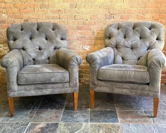 Set of French Style Grey Tufted Lounge Chairs