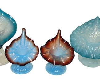 Four Victorian Blue and Oxblood Art Glass Jack In The Pulpit Vases