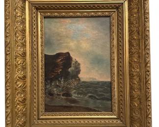 19th C. Cliffside Seascape Oil Painting 
