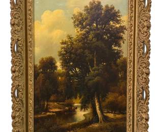 19th C. River Bank Landscape Oil Painting