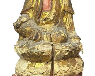 Chinese Polychrome Guanyin Carved Wood Guardian