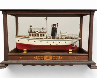 Large Steam Ship Model in Marquetry Inlay Case