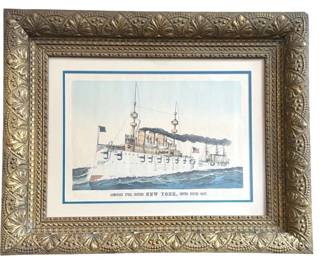 19th C. Ornate Gold Gilt Frame, Steel Cruiser Print