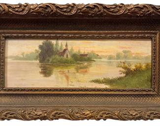 19th C. Lakeside Landscape Oil Painting