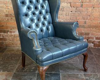 Blue Leather Chesterfield Nailhead Trim Armchair