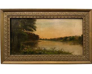 19th C. River at Sunset Landscape Oil Painting, DUNBAR