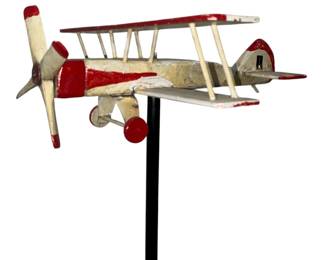 Folk Art Red Baron Model Biplane on Stand, Early Airplane 