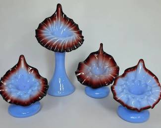 Four Oxblood and Blue Art Glass Jack In The Pulpit Vases
