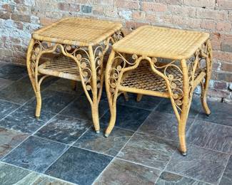 Mid Century Italian Wicker and Bamboo End Tables, Pair