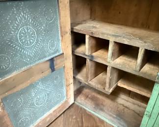 Vintage Pie Safe Cabinet with Embossed Tin Panels