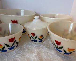 Fire-King Tulip Milk Glass Mixing Bowl Set with Lid
