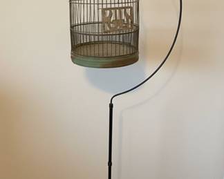 Vintage Ornate Wire Bird Cage with Cast Iron Base Stand